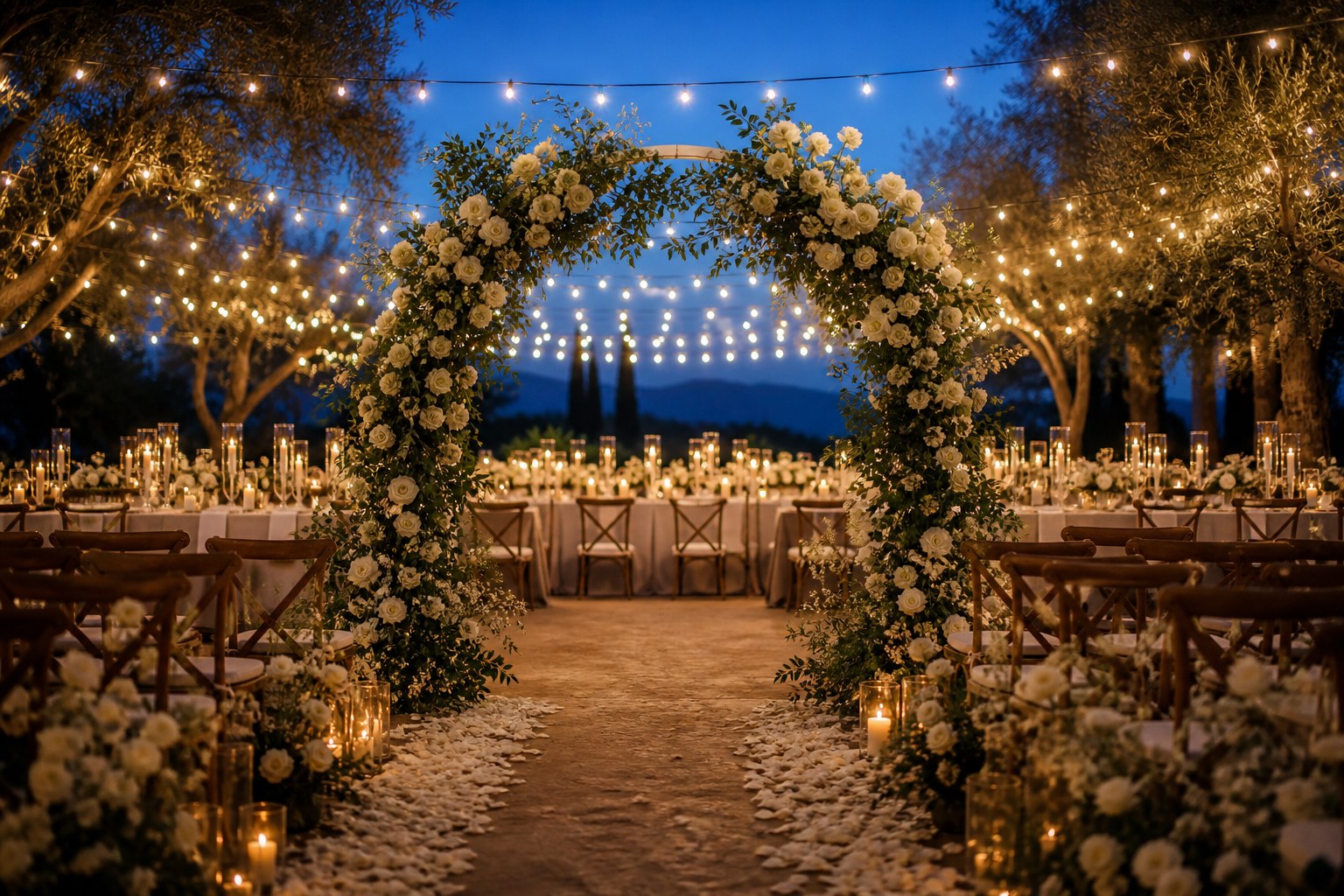 A garden set for a wedding dinner at dusk