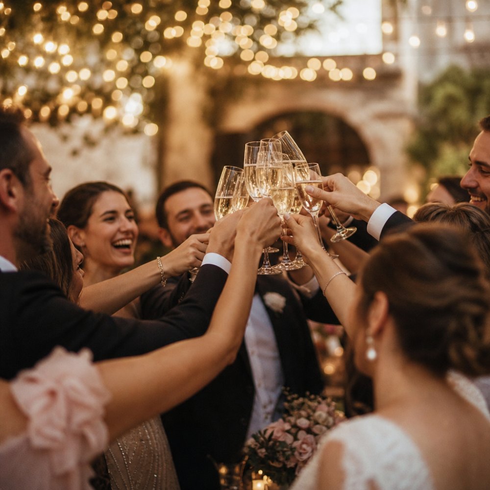 Guests raising a toast at a wedding dinner